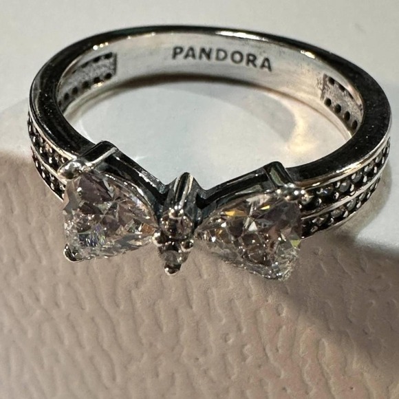 Genuine PANDORA 925 Ale Sparkling Bow Double Row Ring #193552C01 Size 9 - Picture 5 of 7